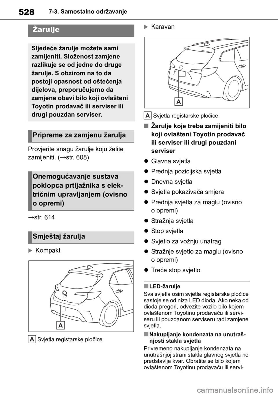 TOYOTA COROLLA HATCHBACK 2019 Upute Za Rukovanje (in Croatian) 5287-3. Samostalno održavanje
Provjerite snagu žarulje koju želite
zamijeniti. (str. 608)
str. 614
Kompakt
Svjetla registarske pločice
Karavan
Svjetla registarske pločice
■Žarulje TOYOTA COROLLA HATCHBACK 2019 Upute Za Rukovanje (in Croatian) 5287-3. Samostalno održavanje
Provjerite snagu žarulje koju želite
zamijeniti. (str. 608)
str. 614
Kompakt
Svjetla registarske pločice
Karavan
Svjetla registarske pločice
■Žarulje