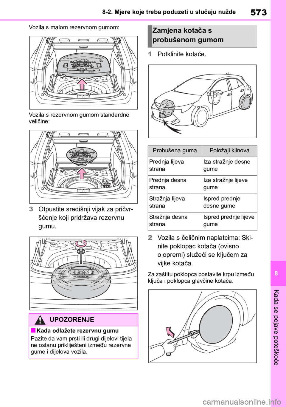 TOYOTA COROLLA HATCHBACK 2019 Upute Za Rukovanje (in Croatian) 573
8 8-2. Mjere koje treba poduzeti u slučaju nužde
Kada se pojave poteškoće
Vozila s malom rezervnom gumom:
Vozila s rezervnom gumom standardne
veličine:
3Otpustite središnji vijak za pričvr TOYOTA COROLLA HATCHBACK 2019 Upute Za Rukovanje (in Croatian) 573
8 8-2. Mjere koje treba poduzeti u slučaju nužde
Kada se pojave poteškoće
Vozila s malom rezervnom gumom:
Vozila s rezervnom gumom standardne
veličine:
3Otpustite središnji vijak za pričvr
