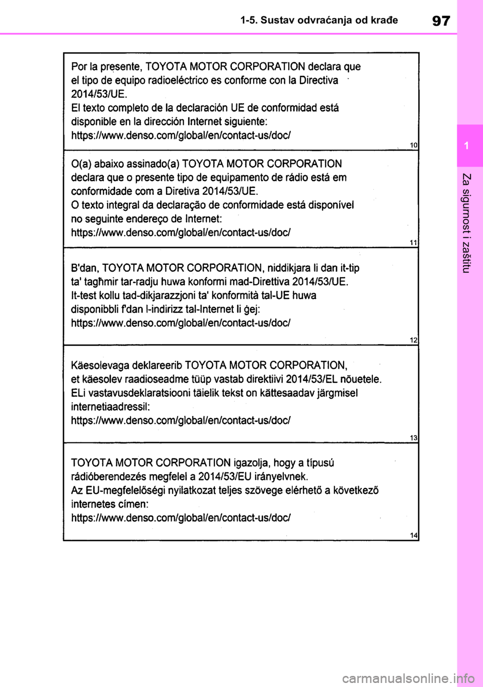 TOYOTA COROLLA HATCHBACK 2019 Upute Za Rukovanje (in Croatian) 97
1 1-5. Sustav odvraćanja od krađe
Za sigurnost i zaštitu TOYOTA COROLLA HATCHBACK 2019 Upute Za Rukovanje (in Croatian) 97
1 1-5. Sustav odvraćanja od krađe
Za sigurnost i zaštitu
