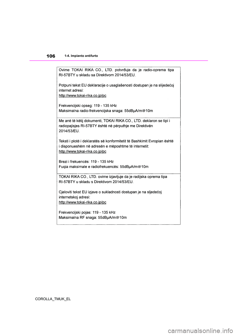 TOYOTA COROLLA HATCHBACK 2019  Manuale duso (in Italian) 106
COROLLA_TMUK_EL
1-4. Impianto antifurto 