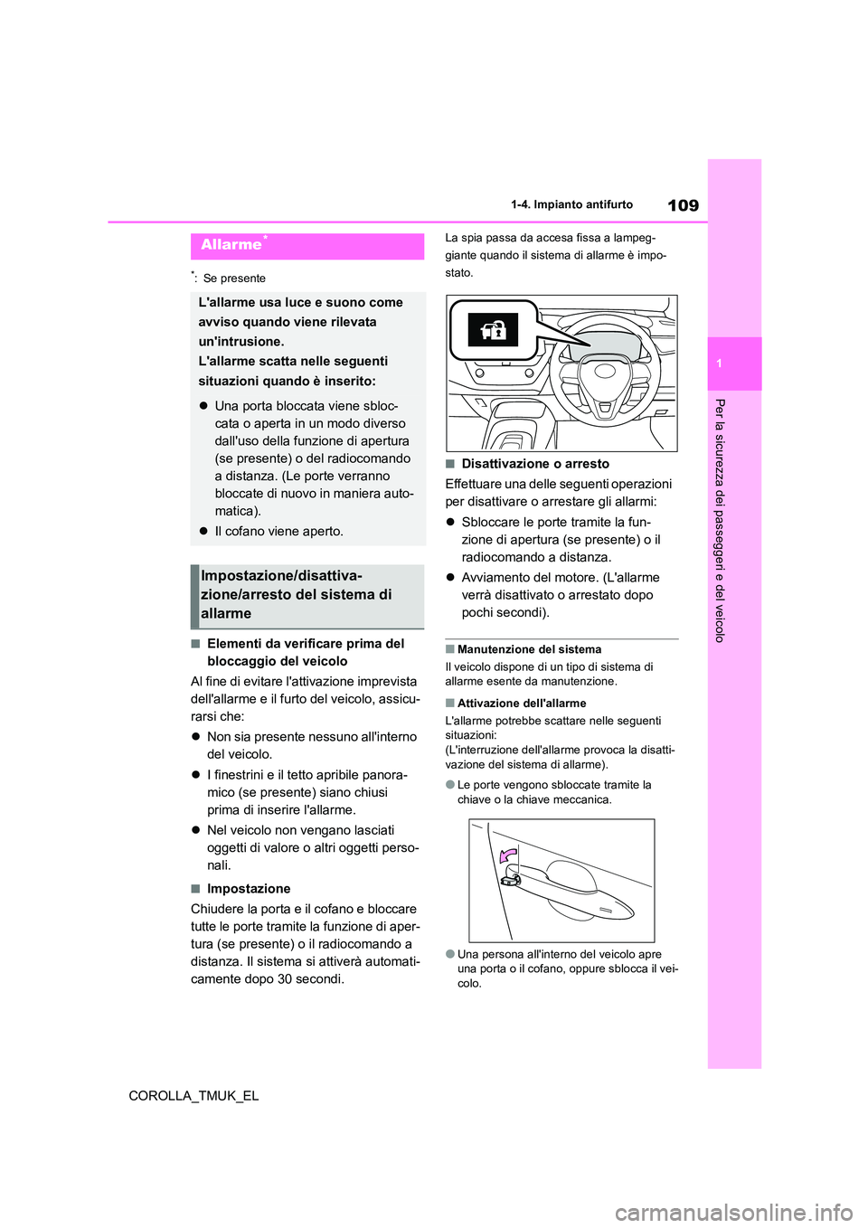 TOYOTA COROLLA HATCHBACK 2019  Manuale duso (in Italian) 109
1
COROLLA_TMUK_EL
1-4. Impianto antifurto
Per la sicurezza dei passeggeri e del veicolo
*: Se presente
■Elementi da verificare prima del  
bloccaggio del veicolo 
Al fine di evitare lattivazion