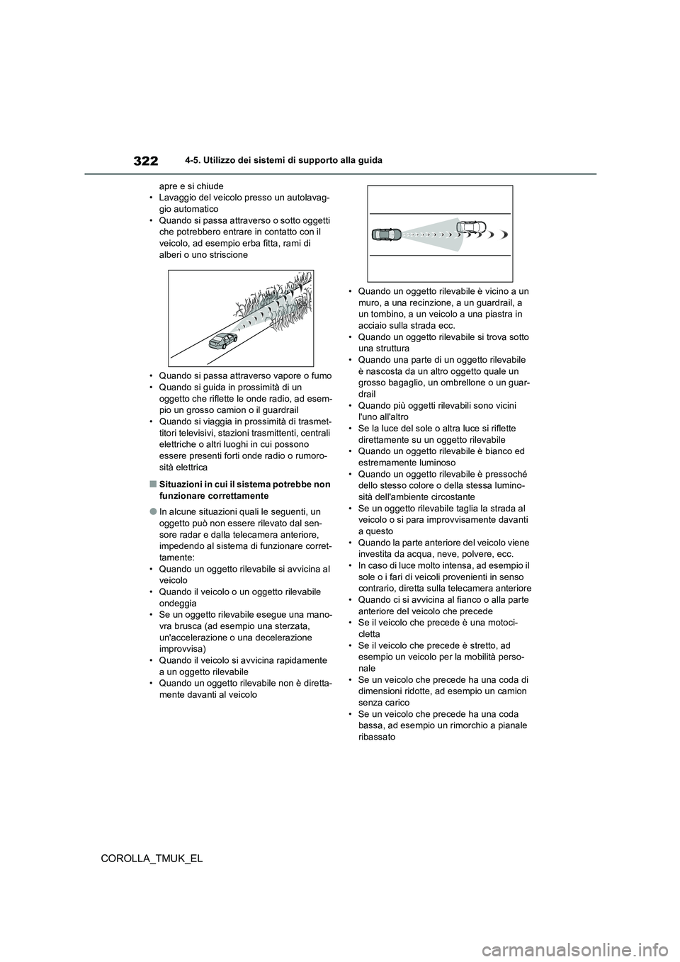 TOYOTA COROLLA HATCHBACK 2019 Manuale duso (in Italian) 322
COROLLA_TMUK_EL
4-5. Utilizzo dei sistemi di supporto alla guida
apre e si chiude • Lavaggio del veicolo presso un autolavag-gio automatico
• Quando si passa attraverso o sotto oggetti che TOYOTA COROLLA HATCHBACK 2019 Manuale duso (in Italian) 322
COROLLA_TMUK_EL
4-5. Utilizzo dei sistemi di supporto alla guida
apre e si chiude • Lavaggio del veicolo presso un autolavag-gio automatico
• Quando si passa attraverso o sotto oggetti che