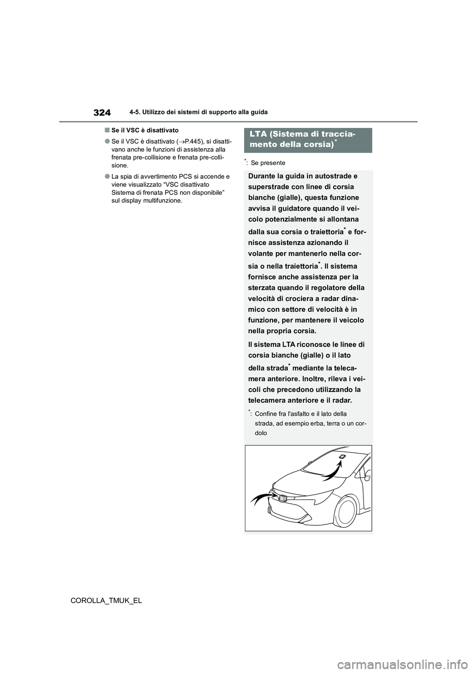 TOYOTA COROLLA HATCHBACK 2019 Manuale duso (in Italian) 324
COROLLA_TMUK_EL
4-5. Utilizzo dei sistemi di supporto alla guida
■Se il VSC è disattivato
●Se il VSC è disattivato (P.445), si disatti-
vano anche le funzioni di assistenza alla frenata TOYOTA COROLLA HATCHBACK 2019 Manuale duso (in Italian) 324
COROLLA_TMUK_EL
4-5. Utilizzo dei sistemi di supporto alla guida
■Se il VSC è disattivato
●Se il VSC è disattivato (P.445), si disatti-
vano anche le funzioni di assistenza alla frenata