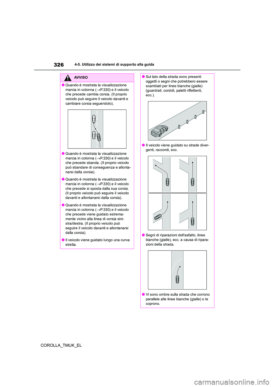 TOYOTA COROLLA HATCHBACK 2019 Manuale duso (in Italian) 326
COROLLA_TMUK_EL
4-5. Utilizzo dei sistemi di supporto alla guida
AVVISO
●Quando è mostrata la visualizzazione
marcia in colonna ( P.330) e il veicolo che precede cambia corsia. (Il propri TOYOTA COROLLA HATCHBACK 2019 Manuale duso (in Italian) 326
COROLLA_TMUK_EL
4-5. Utilizzo dei sistemi di supporto alla guida
AVVISO
●Quando è mostrata la visualizzazione
marcia in colonna ( P.330) e il veicolo che precede cambia corsia. (Il propri