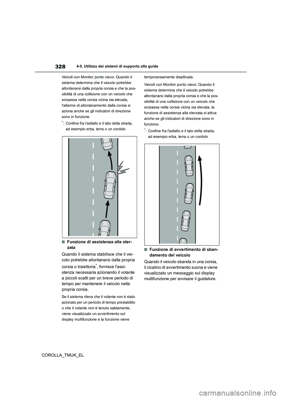 TOYOTA COROLLA HATCHBACK 2019 Manuale duso (in Italian) 328
COROLLA_TMUK_EL
4-5. Utilizzo dei sistemi di supporto alla guida
Veicoli con Monitor punto cieco: Quando il
sistema determina che il veicolo potrebbe
allontanarsi dalla propria corsia e che la TOYOTA COROLLA HATCHBACK 2019 Manuale duso (in Italian) 328
COROLLA_TMUK_EL
4-5. Utilizzo dei sistemi di supporto alla guida
Veicoli con Monitor punto cieco: Quando il
sistema determina che il veicolo potrebbe
allontanarsi dalla propria corsia e che la