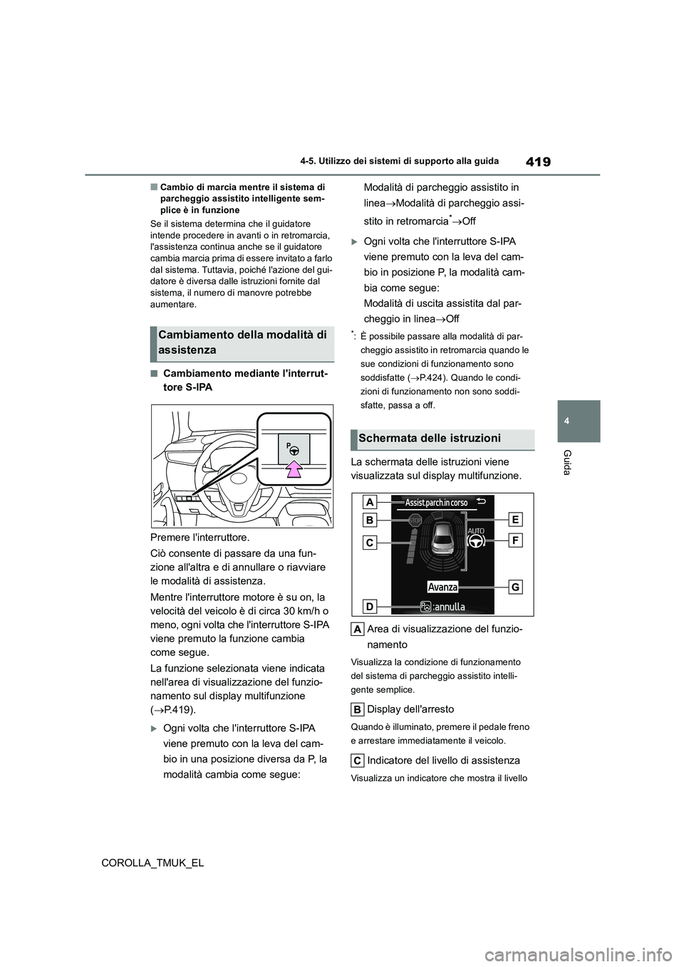 TOYOTA COROLLA HATCHBACK 2019 Manuale duso (in Italian) 419
4
COROLLA_TMUK_EL
4-5. Utilizzo dei sistemi di supporto alla guida
Guida
■Cambio di marcia mentre il sistema di parcheggio assistito intelligente sem-plice è in funzione
Se il sistema determi TOYOTA COROLLA HATCHBACK 2019 Manuale duso (in Italian) 419
4
COROLLA_TMUK_EL
4-5. Utilizzo dei sistemi di supporto alla guida
Guida
■Cambio di marcia mentre il sistema di parcheggio assistito intelligente sem-plice è in funzione
Se il sistema determi