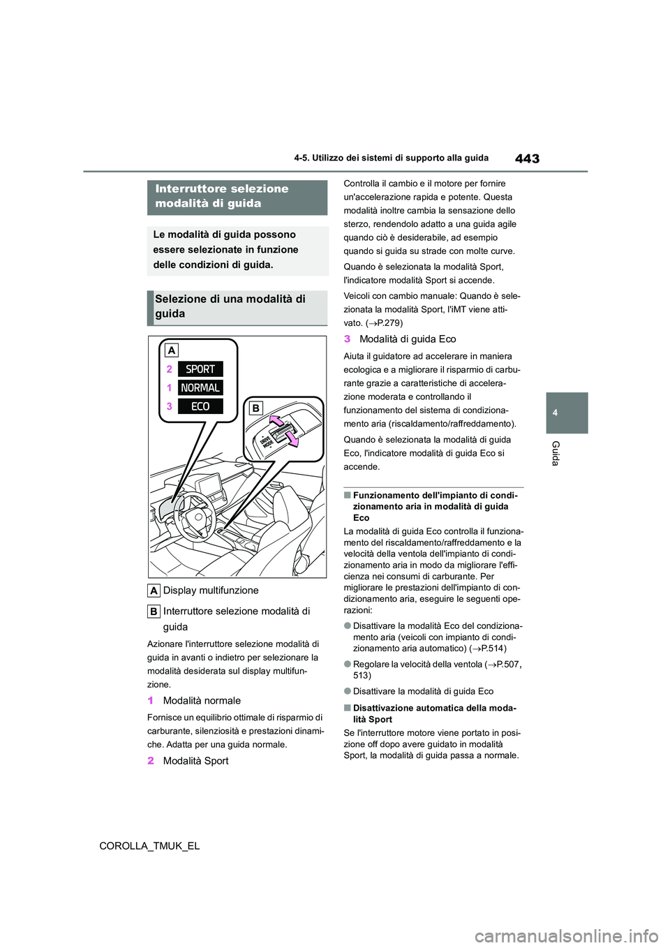 TOYOTA COROLLA HATCHBACK 2019 Manuale duso (in Italian) 443
4
COROLLA_TMUK_EL
4-5. Utilizzo dei sistemi di supporto alla guida
Guida
Display multifunzione
Interruttore selezione modalità di
guida
Azionare linterruttore selezione modalità di
guida i TOYOTA COROLLA HATCHBACK 2019 Manuale duso (in Italian) 443
4
COROLLA_TMUK_EL
4-5. Utilizzo dei sistemi di supporto alla guida
Guida
Display multifunzione
Interruttore selezione modalità di
guida
Azionare linterruttore selezione modalità di
guida i