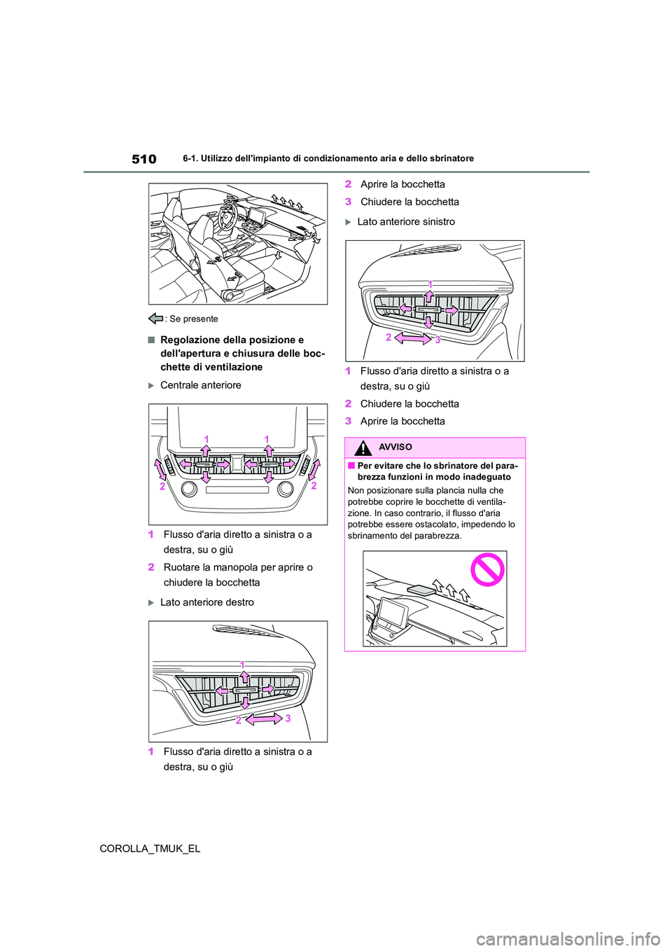 TOYOTA COROLLA HATCHBACK 2019 Manuale duso (in Italian) 510
COROLLA_TMUK_EL
6-1. Utilizzo dellimpianto di condizionamento aria e dello sbrinatore
: Se presente
■Regolazione della posizione e
dellapertura e chiusura delle boc-
chette di ventilazione
TOYOTA COROLLA HATCHBACK 2019 Manuale duso (in Italian) 510
COROLLA_TMUK_EL
6-1. Utilizzo dellimpianto di condizionamento aria e dello sbrinatore
: Se presente
■Regolazione della posizione e
dellapertura e chiusura delle boc-
chette di ventilazione