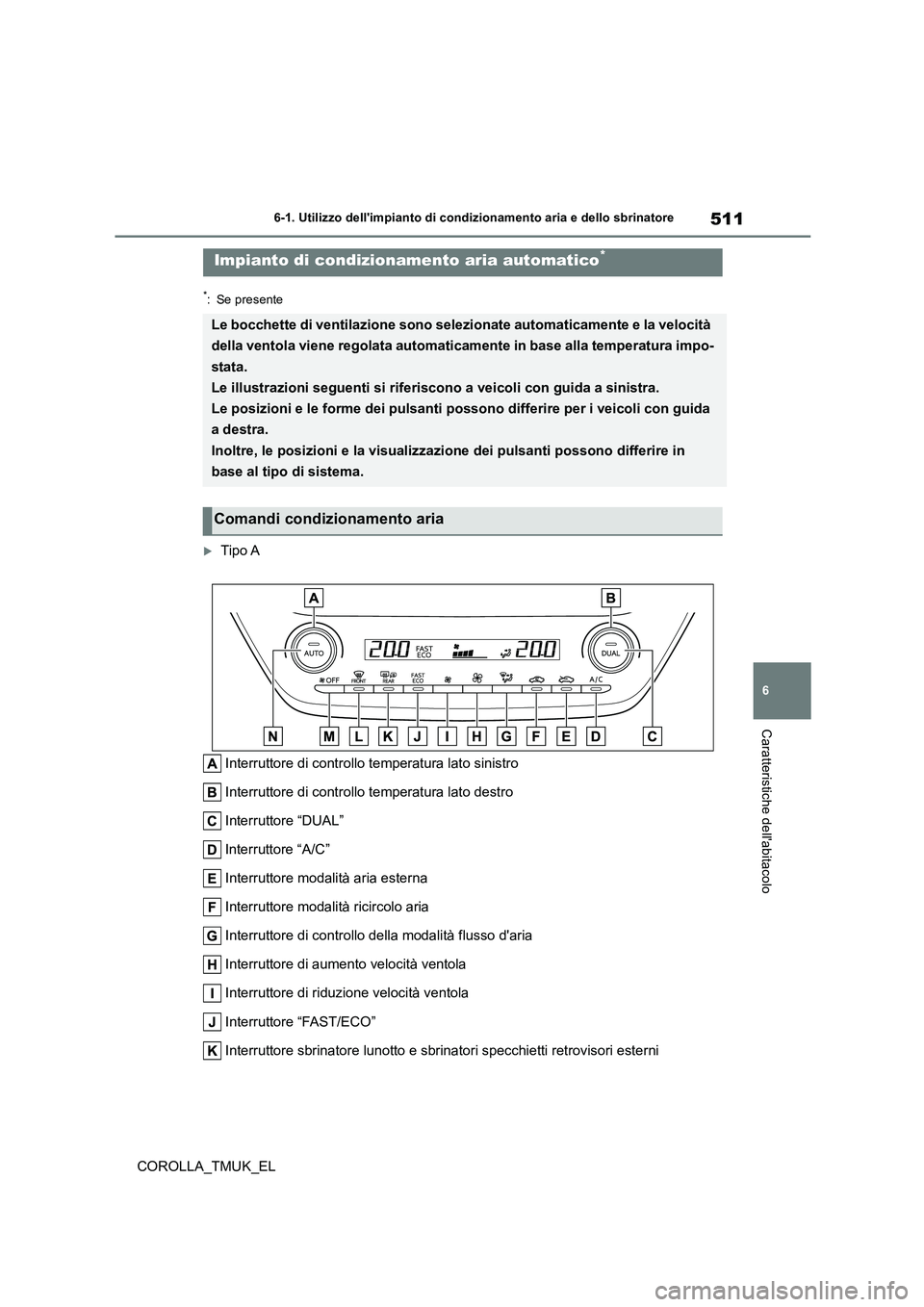 TOYOTA COROLLA HATCHBACK 2019 Manuale duso (in Italian) 511
6
COROLLA_TMUK_EL
6-1. Utilizzo dellimpianto di condizionamento aria e dello sbrinatore
Caratteristiche dellabitacolo
*: Se presente
Tipo A
Interruttore di controllo temperatura lato sinistr TOYOTA COROLLA HATCHBACK 2019 Manuale duso (in Italian) 511
6
COROLLA_TMUK_EL
6-1. Utilizzo dellimpianto di condizionamento aria e dello sbrinatore
Caratteristiche dellabitacolo
*: Se presente
Tipo A
Interruttore di controllo temperatura lato sinistr