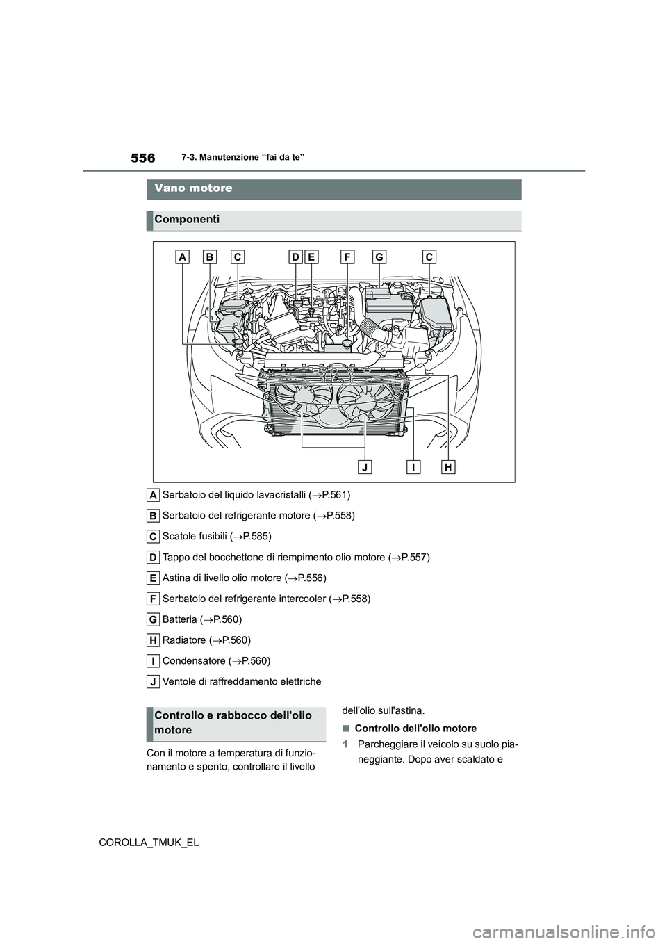 TOYOTA COROLLA HATCHBACK 2019 Manuale duso (in Italian) 556
COROLLA_TMUK_EL
7-3. Manutenzione “fai da te”
Serbatoio del liquido lavacristalli (P.561)
Serbatoio del refrigerante motore ( P.558)
Scatole fusibili ( P.585)
Tappo del bocchettone TOYOTA COROLLA HATCHBACK 2019 Manuale duso (in Italian) 556
COROLLA_TMUK_EL
7-3. Manutenzione “fai da te”
Serbatoio del liquido lavacristalli (P.561)
Serbatoio del refrigerante motore ( P.558)
Scatole fusibili ( P.585)
Tappo del bocchettone