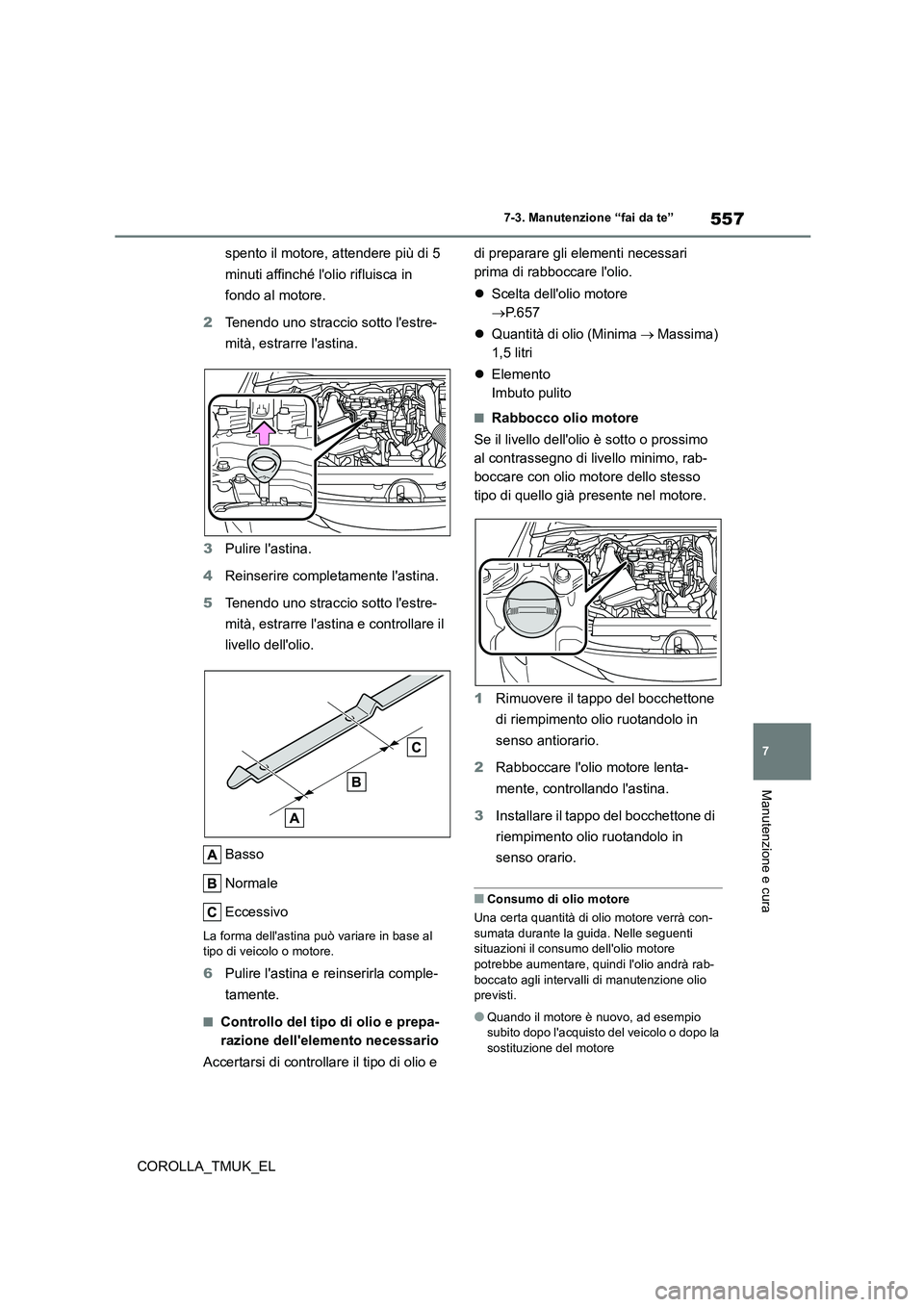 TOYOTA COROLLA HATCHBACK 2019 Manuale duso (in Italian) 557
7
COROLLA_TMUK_EL
7-3. Manutenzione “fai da te”
Manutenzione e cura
spento il motore, attendere più di 5
minuti affinché lolio rifluisca in
fondo al motore.
2 Tenendo uno straccio sott TOYOTA COROLLA HATCHBACK 2019 Manuale duso (in Italian) 557
7
COROLLA_TMUK_EL
7-3. Manutenzione “fai da te”
Manutenzione e cura
spento il motore, attendere più di 5
minuti affinché lolio rifluisca in
fondo al motore.
2 Tenendo uno straccio sott