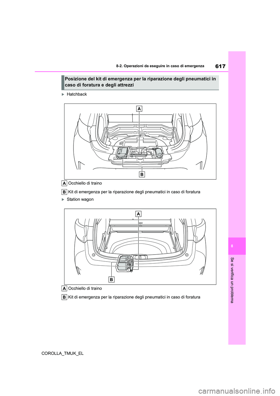 TOYOTA COROLLA HATCHBACK 2019 Manuale duso (in Italian) 617
8
COROLLA_TMUK_EL
8-2. Operazioni da eseguire in caso di emergenza
Se si verifica un problema
Hatchback
Occhiello di traino
Kit di emergenza per la riparazione degli pneumatici in caso di for TOYOTA COROLLA HATCHBACK 2019 Manuale duso (in Italian) 617
8
COROLLA_TMUK_EL
8-2. Operazioni da eseguire in caso di emergenza
Se si verifica un problema
Hatchback
Occhiello di traino
Kit di emergenza per la riparazione degli pneumatici in caso di for