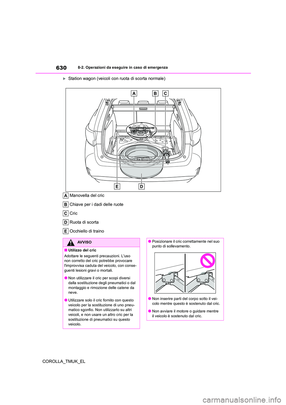 TOYOTA COROLLA HATCHBACK 2019 Manuale duso (in Italian) 630
COROLLA_TMUK_EL
8-2. Operazioni da eseguire in caso di emergenza
Station wagon (veicoli con ruota di scorta normale)
Manovella del cric
Chiave per i dadi delle ruote
Cric
Ruota di scorta
Occ TOYOTA COROLLA HATCHBACK 2019 Manuale duso (in Italian) 630
COROLLA_TMUK_EL
8-2. Operazioni da eseguire in caso di emergenza
Station wagon (veicoli con ruota di scorta normale)
Manovella del cric
Chiave per i dadi delle ruote
Cric
Ruota di scorta
Occ