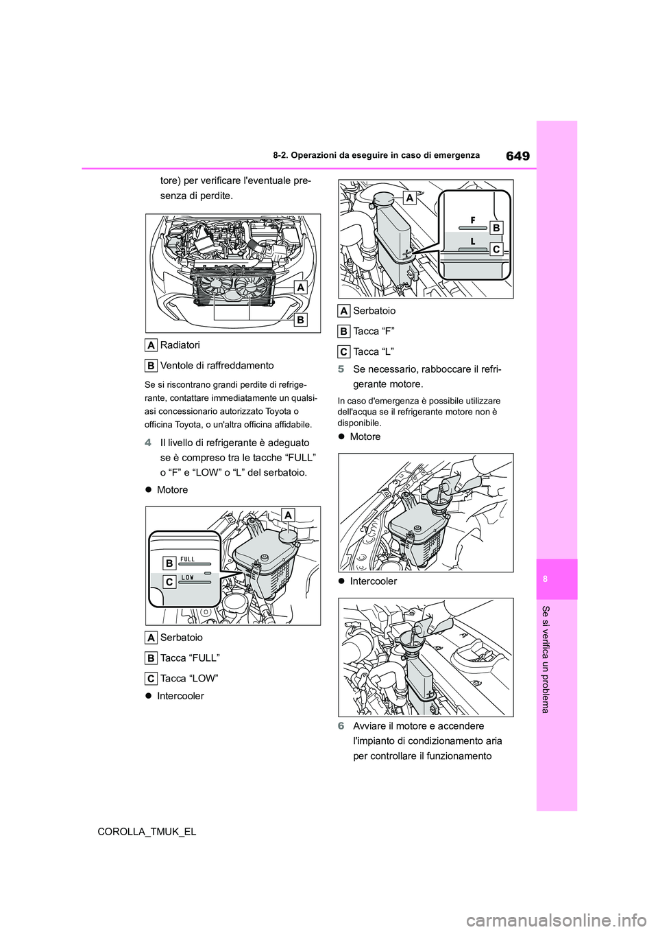 TOYOTA COROLLA HATCHBACK 2019 Manuale duso (in Italian) 649
8
COROLLA_TMUK_EL
8-2. Operazioni da eseguire in caso di emergenza
Se si verifica un problema
tore) per verificare leventuale pre-
senza di perdite.
Radiatori
Ventole di raffreddamento
Se si r TOYOTA COROLLA HATCHBACK 2019 Manuale duso (in Italian) 649
8
COROLLA_TMUK_EL
8-2. Operazioni da eseguire in caso di emergenza
Se si verifica un problema
tore) per verificare leventuale pre-
senza di perdite.
Radiatori
Ventole di raffreddamento
Se si r