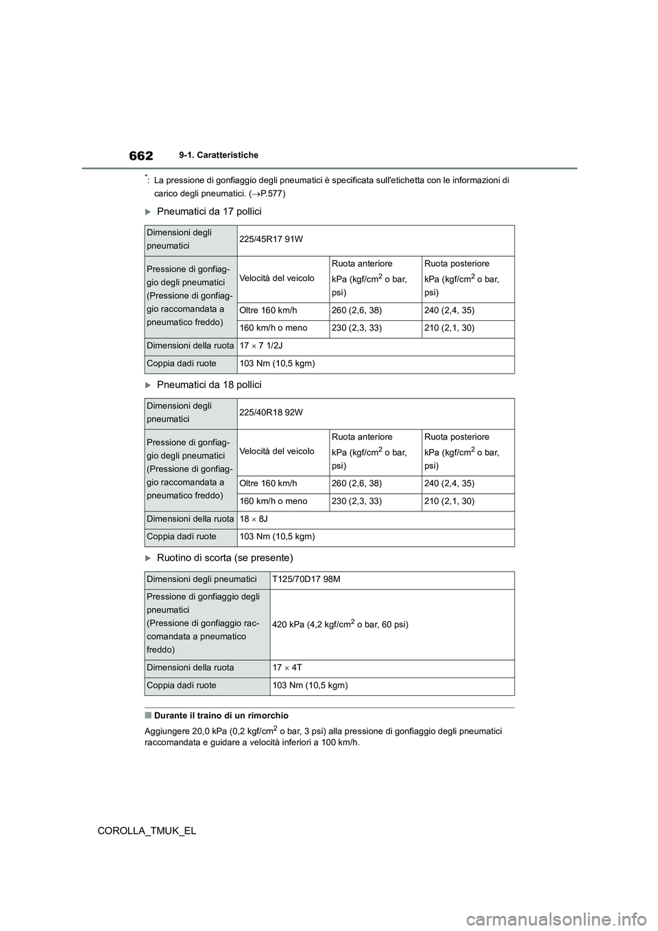 TOYOTA COROLLA HATCHBACK 2019  Manuale duso (in Italian) 662
COROLLA_TMUK_EL
9-1. Caratteristiche
*: La pressione di gonfiaggio degli pneumatici è specificata sulletichetta con le informazioni di  
carico degli pneumatici. ( P.577)
Pneumatici da 17 
