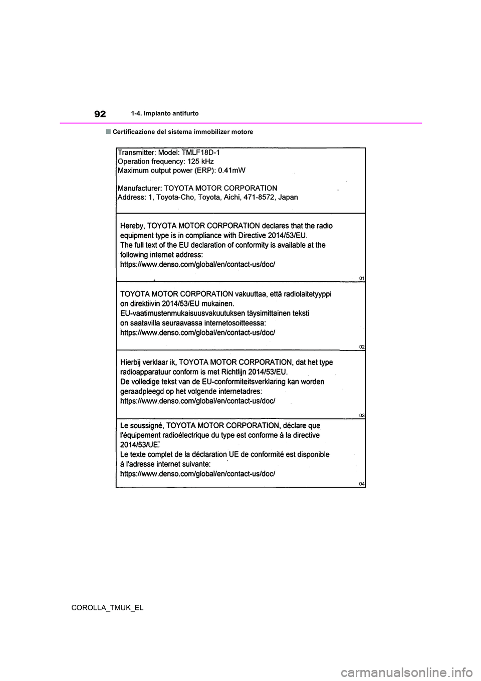 TOYOTA COROLLA HATCHBACK 2019  Manuale duso (in Italian) 92
COROLLA_TMUK_EL
1-4. Impianto antifurto
■Certificazione del sistema immobilizer motore 