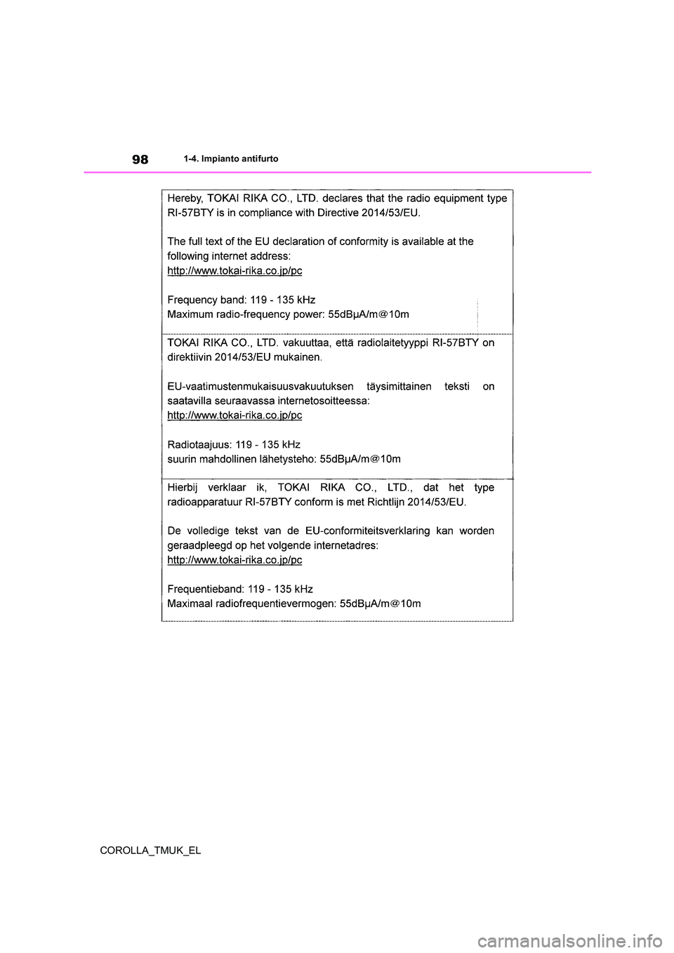 TOYOTA COROLLA HATCHBACK 2019  Manuale duso (in Italian) 98
COROLLA_TMUK_EL
1-4. Impianto antifurto 