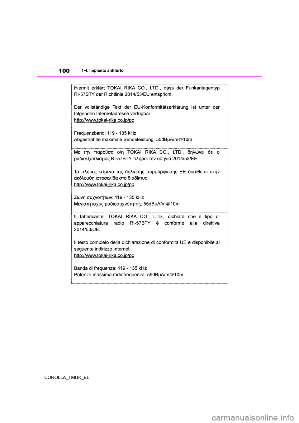 TOYOTA COROLLA HATCHBACK 2019  Manuale duso (in Italian) 100
COROLLA_TMUK_EL
1-4. Impianto antifurto 