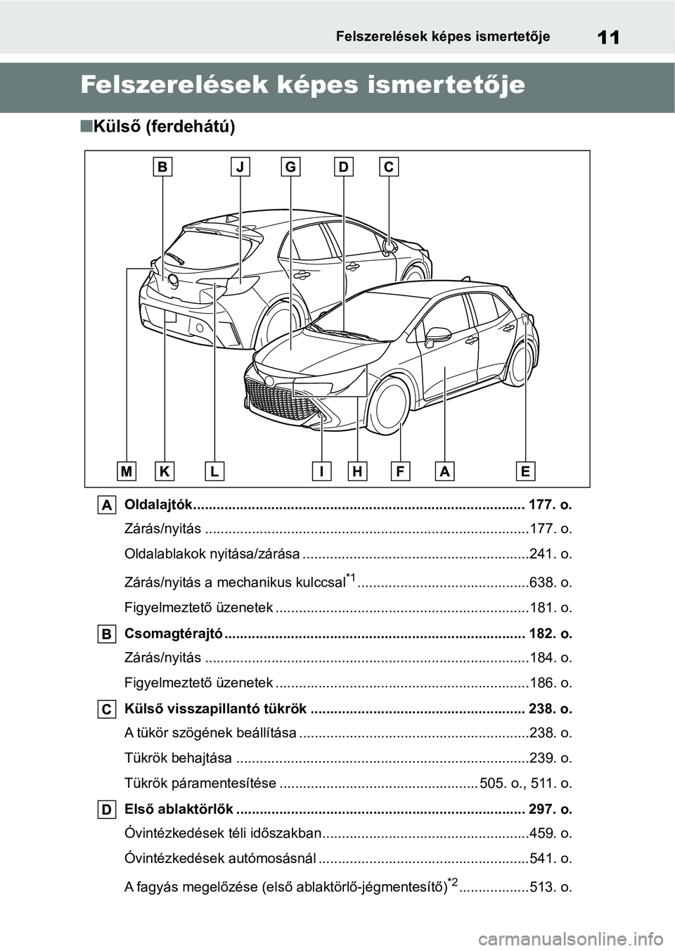 TOYOTA COROLLA HATCHBACK 2019  Kezelési útmutató (in Hungarian) 11Felszerelések képes ismertetője
Felszerelések képes ismertetője
n Külső (ferdehátú)
Oldalajtók..................................................................................... 177. o.