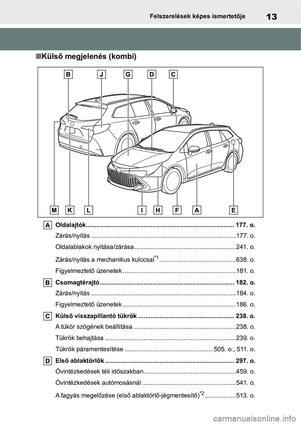 TOYOTA COROLLA HATCHBACK 2019  Kezelési útmutató (in Hungarian) 13Felszerelések képes ismertetője
nKülső megjelenés (kombi)
Oldalajtók..................................................................................... 177. o.
Zárás/nyitás .............