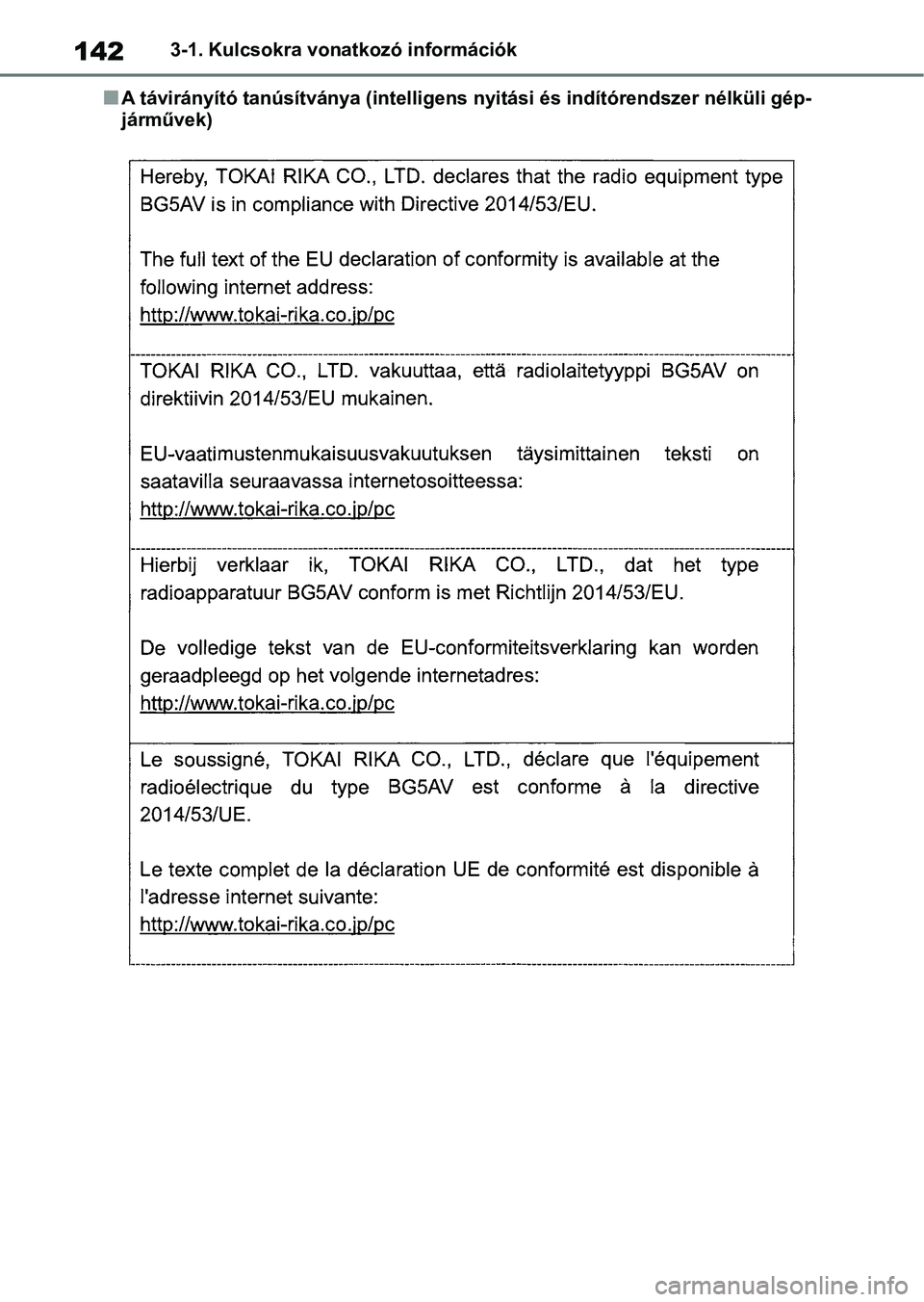 TOYOTA COROLLA HATCHBACK 2019  Kezelési útmutató (in Hungarian) 1423-1. Kulcsokra vonatkozó információk
nA távirányító tanúsítványa (intelligens nyitási és indítórendsz er nélküli gép-
járművek) 