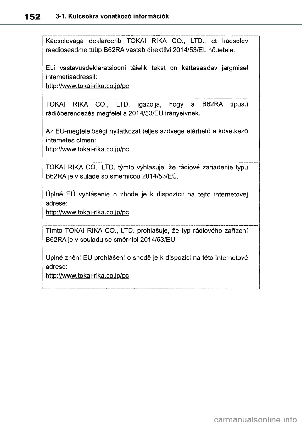 TOYOTA COROLLA HATCHBACK 2019  Kezelési útmutató (in Hungarian) 1523-1. Kulcsokra vonatkozó információk 