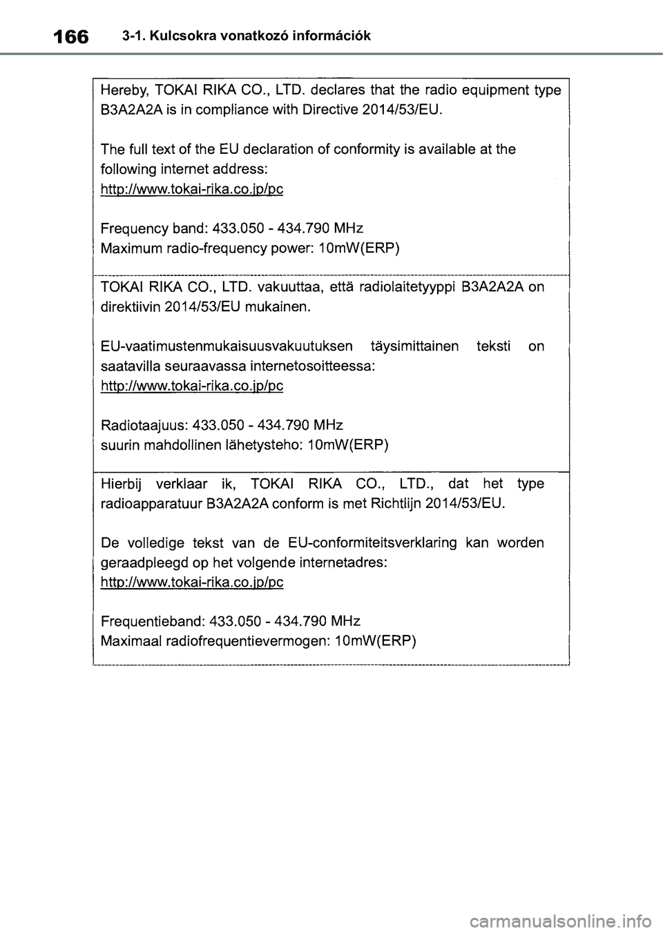 TOYOTA COROLLA HATCHBACK 2019  Kezelési útmutató (in Hungarian) 1663-1. Kulcsokra vonatkozó információk 