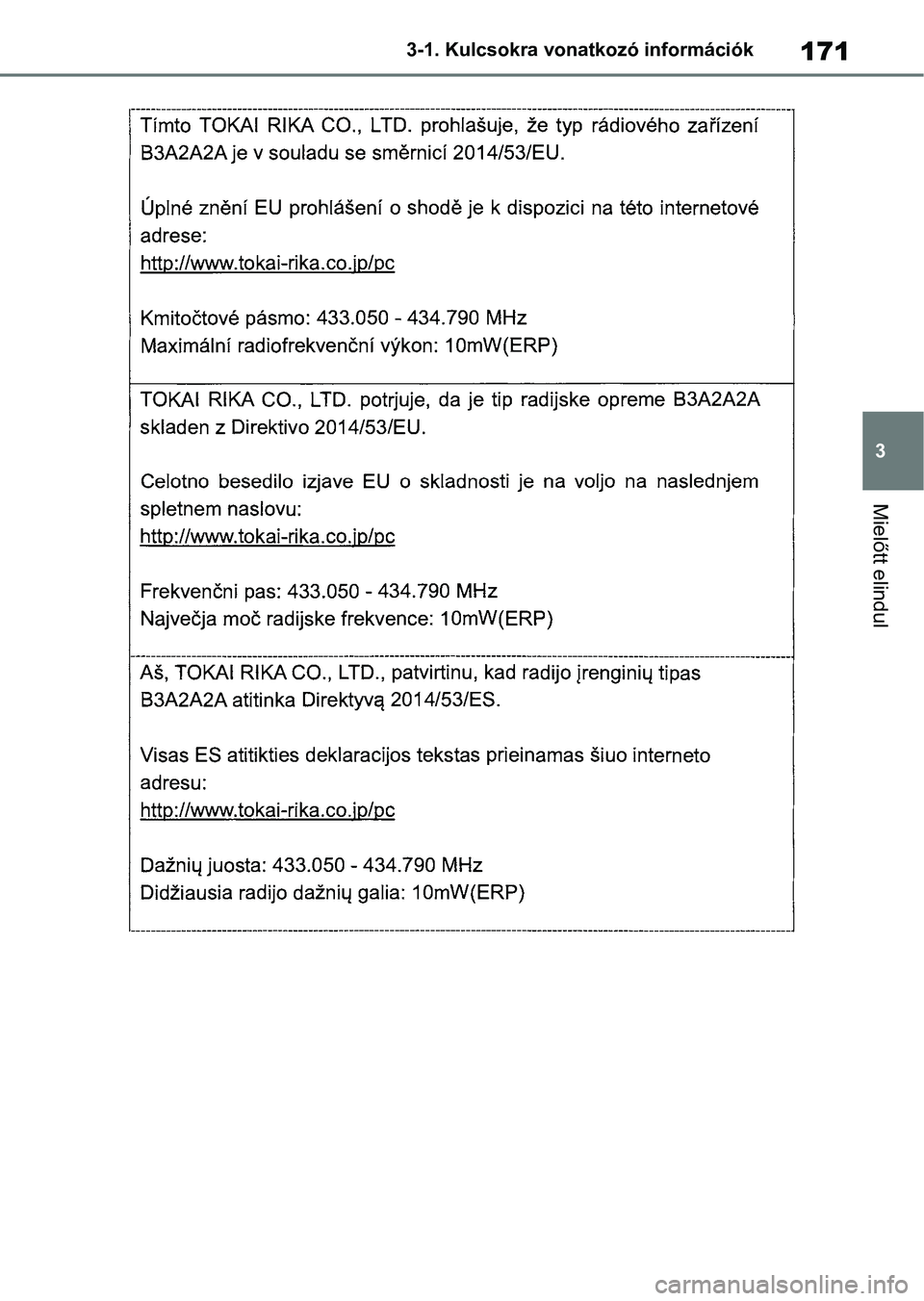 TOYOTA COROLLA HATCHBACK 2019  Kezelési útmutató (in Hungarian) 171
3
3-1. Kulcsokra vonatkozó információk
Mielőtt elindul 
