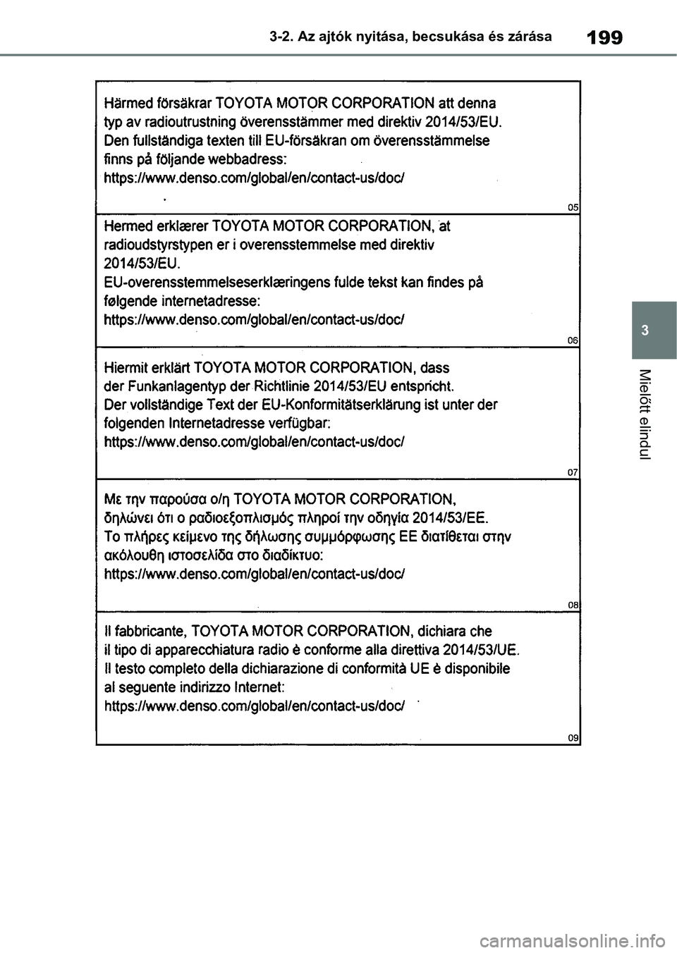 TOYOTA COROLLA HATCHBACK 2019  Kezelési útmutató (in Hungarian) 199
3
3-2. Az ajtók nyitása, becsukása és zárása
Mielőtt elindul 