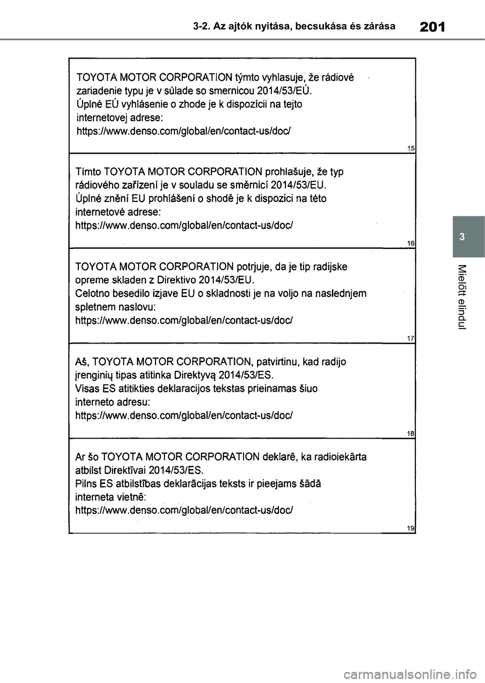 TOYOTA COROLLA HATCHBACK 2019  Kezelési útmutató (in Hungarian) 201
3
3-2. Az ajtók nyitása, becsukása és zárása
Mielőtt elindul 