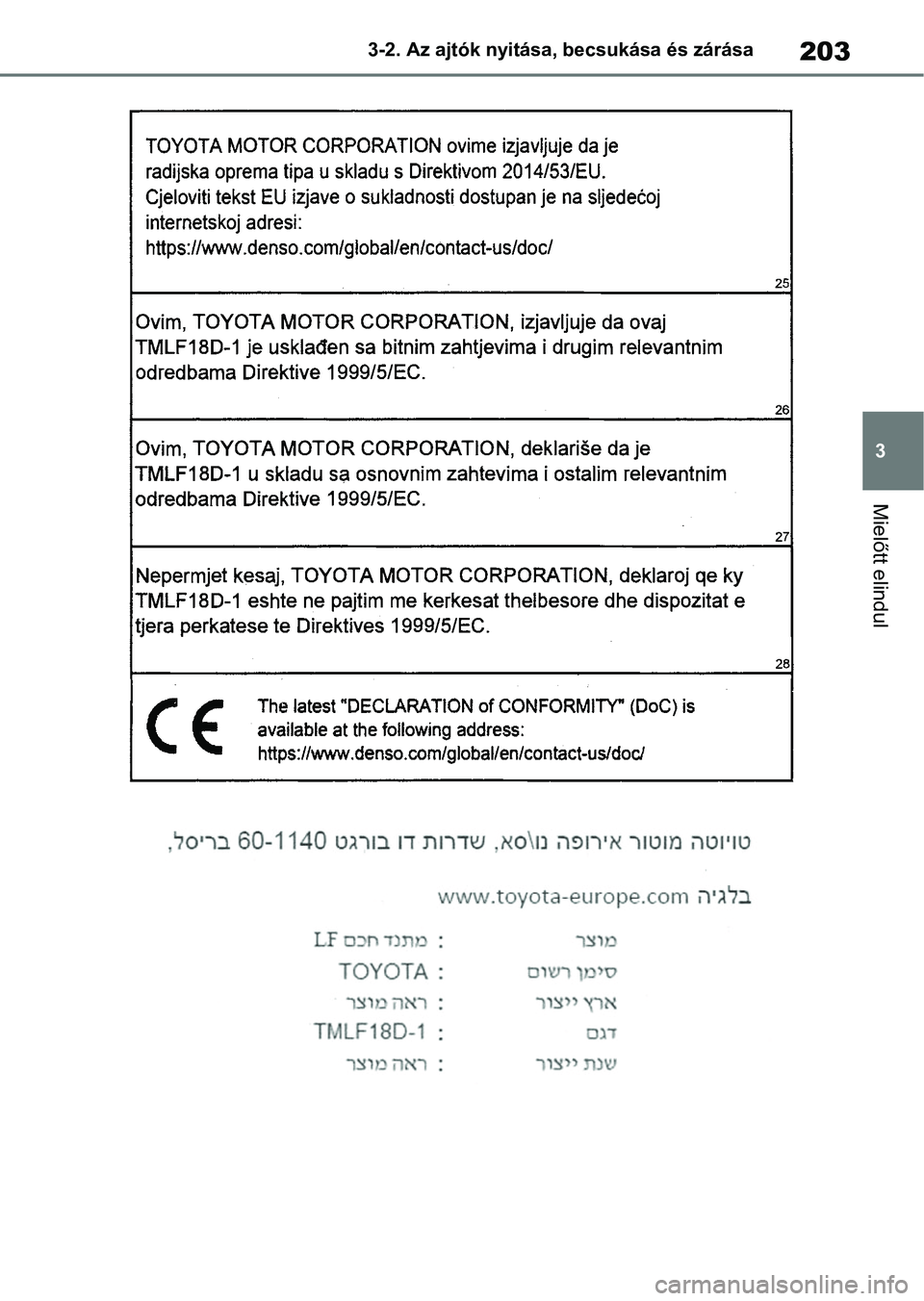 TOYOTA COROLLA HATCHBACK 2019  Kezelési útmutató (in Hungarian) 203
3
3-2. Az ajtók nyitása, becsukása és zárása
Mielőtt elindul 