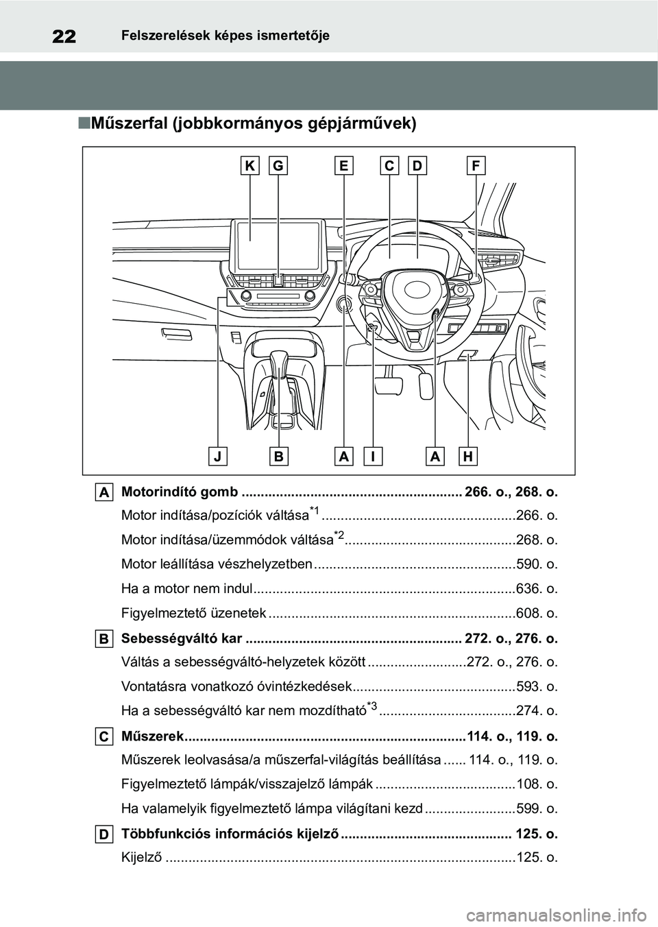 TOYOTA COROLLA HATCHBACK 2019 Kezelési útmutató (in Hungarian) 22Felszerelések képes ismertetője
nMűszerfal (jobbkormányos gépjárművek)
Motorindító gomb ............................................... ........... 266. o., 268. o.
Motor indítása/pozíc TOYOTA COROLLA HATCHBACK 2019 Kezelési útmutató (in Hungarian) 22Felszerelések képes ismertetője
nMűszerfal (jobbkormányos gépjárművek)
Motorindító gomb ............................................... ........... 266. o., 268. o.
Motor indítása/pozíc