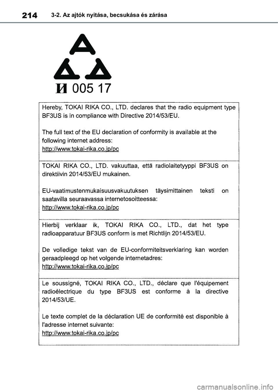 TOYOTA COROLLA HATCHBACK 2019  Kezelési útmutató (in Hungarian) 2143-2. Az ajtók nyitása, becsukása és zárása 