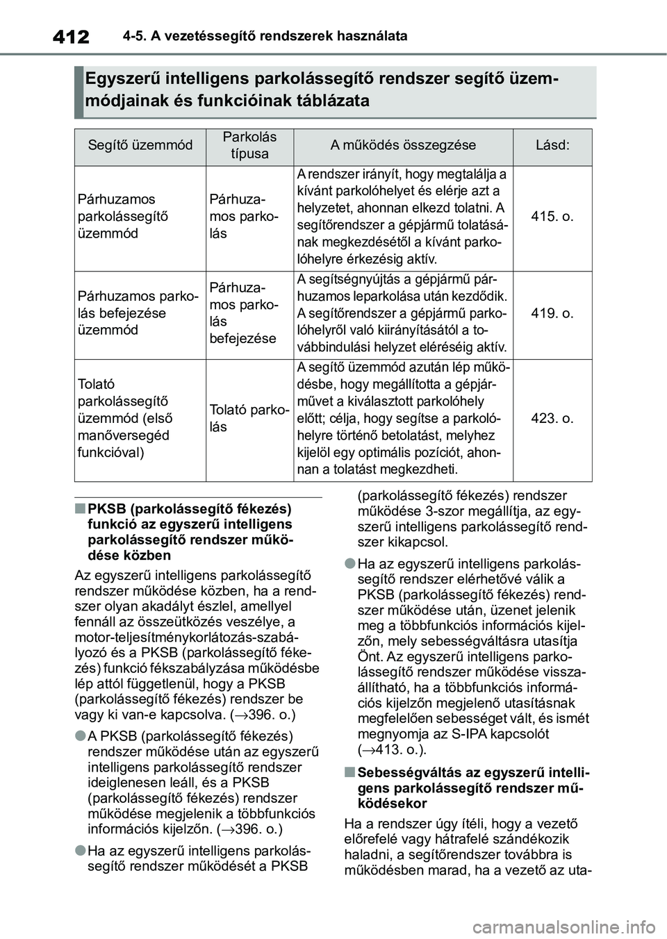 TOYOTA COROLLA HATCHBACK 2019  Kezelési útmutató (in Hungarian) 4124-5. A vezetéssegítő rendszerek használata
nPKSB (parkolássegítő fékezés) 
funkció az egyszerű intelligens 
parkolássegítő rendszer műkö-
dése közben
Az egyszerű intellig ens par