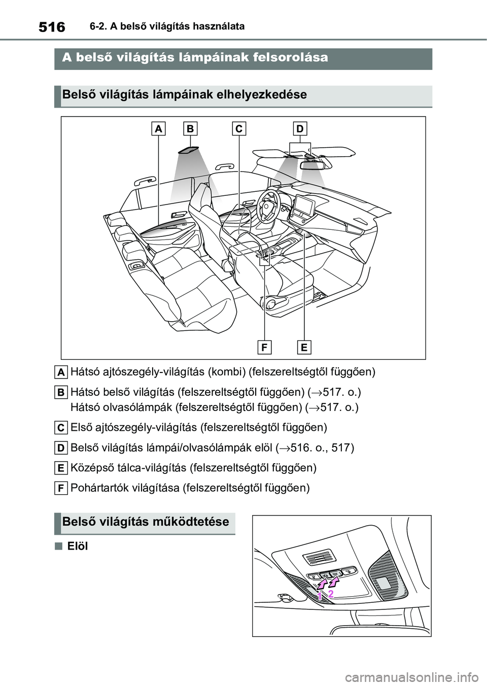 TOYOTA COROLLA HATCHBACK 2019  Kezelési útmutató (in Hungarian) 5166-2. A belső világítás használata
6-2.A belső világítás használata
Hátsó ajtószegély-világítás (kombi) (felszereltségtől függően)
Hátsó belső világítás (fel szereltségt