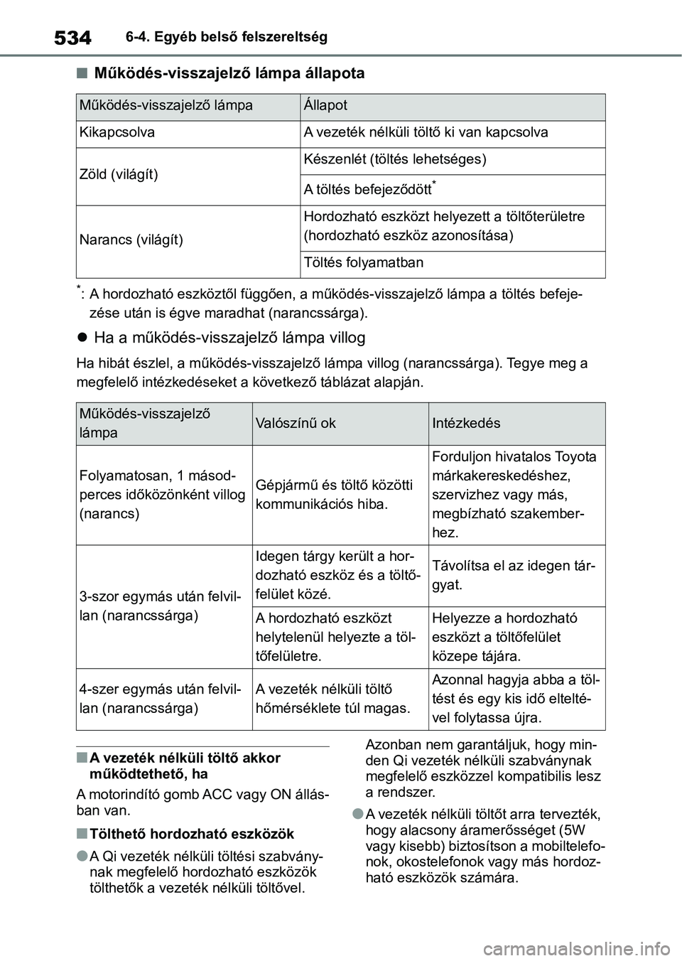 TOYOTA COROLLA HATCHBACK 2019  Kezelési útmutató (in Hungarian) 5346-4. Egyéb belső felszereltség
nMűködés-visszajelző lámpa állapota
*: A hordozható eszköztől függően, a működés-visszajelző lámpa a  töltés befeje-
zése után is égve maradha