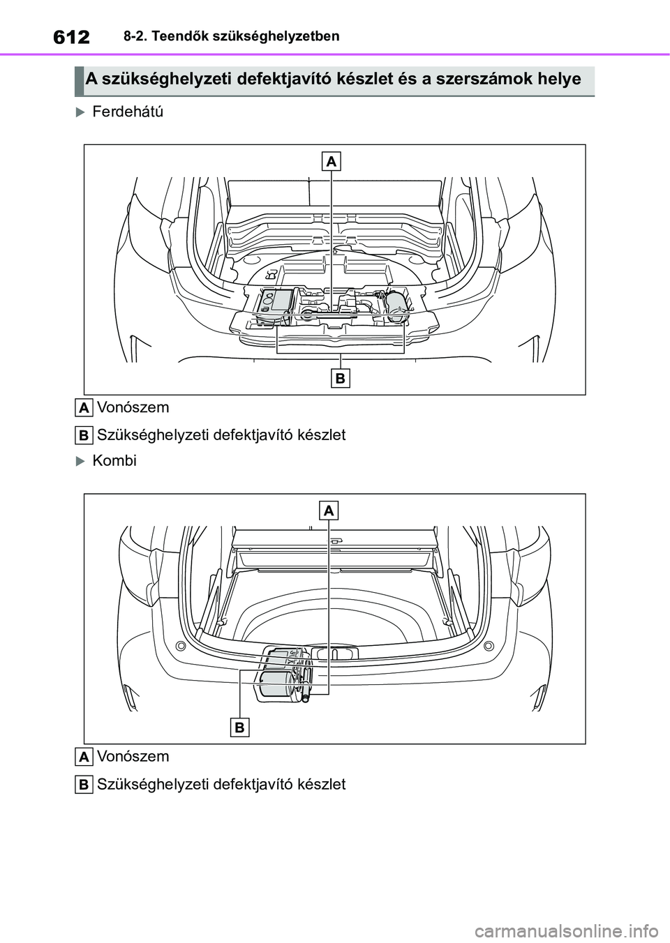 TOYOTA COROLLA HATCHBACK 2019  Kezelési útmutató (in Hungarian) 6128-2. Teendők szükséghelyzetben
FerdehátúVonószem
Szükséghelyzeti defektjavító készlet
Kombi
Vonószem
Szükséghelyzeti defektjavító készlet
A szükséghelyzeti defektjavító k