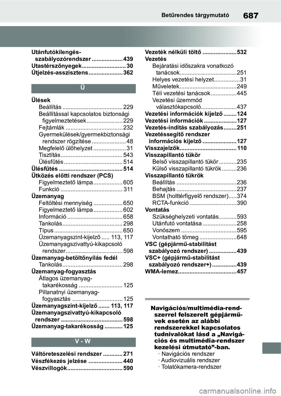 TOYOTA COROLLA HATCHBACK 2019 Kezelési útmutató (in Hungarian) 687Betűrendes tárgymutató
Utánfutókilengés-szabályozórendszer ................... 439
Utastérszőnyegek........................... 30
Útjelzés-asszisztens..................... 362
Ü
Ülés TOYOTA COROLLA HATCHBACK 2019 Kezelési útmutató (in Hungarian) 687Betűrendes tárgymutató
Utánfutókilengés-szabályozórendszer ................... 439
Utastérszőnyegek........................... 30
Útjelzés-asszisztens..................... 362
Ü
Ülés
