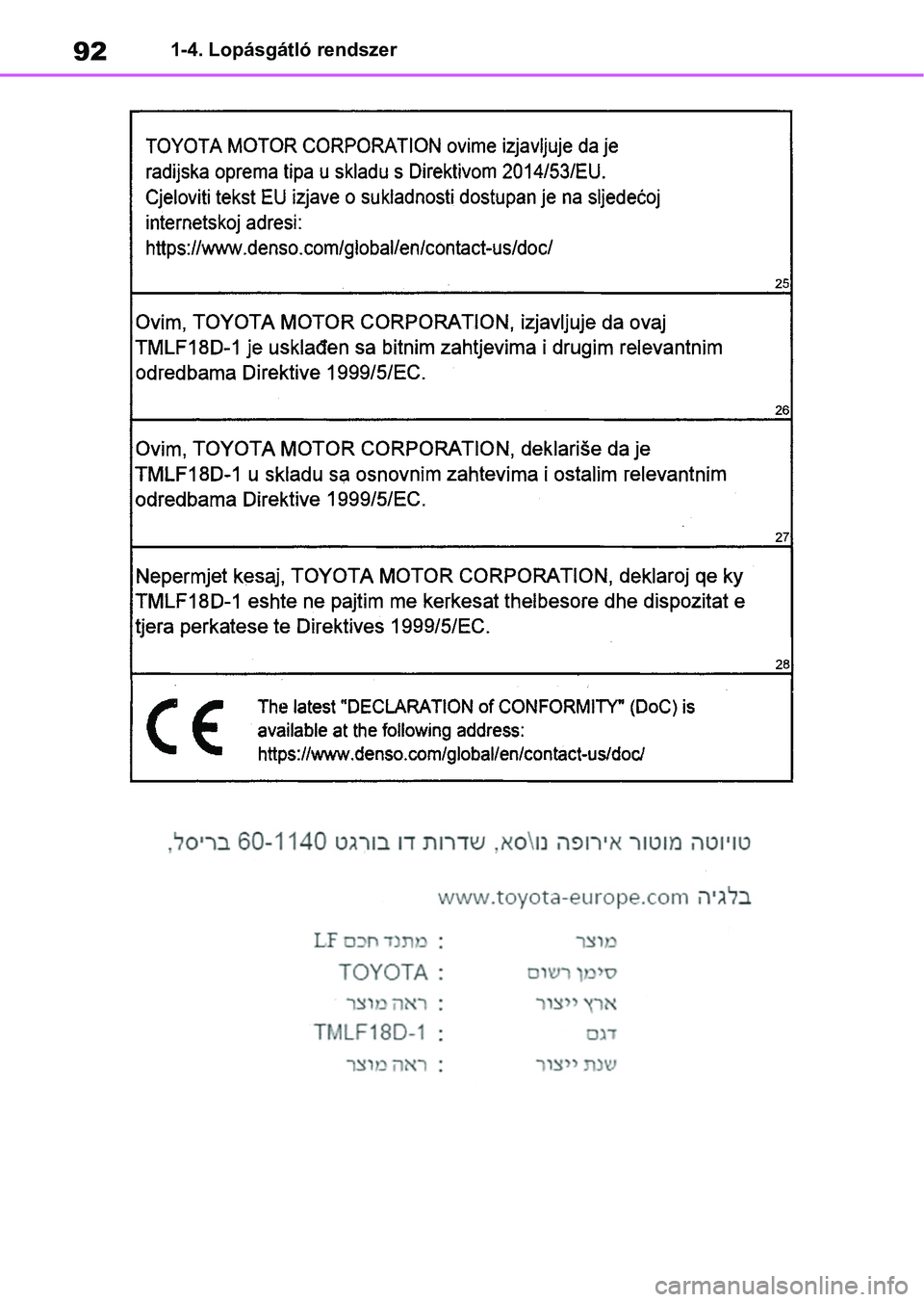 TOYOTA COROLLA HATCHBACK 2019  Kezelési útmutató (in Hungarian) 921-4. Lopásgátló rendszer 