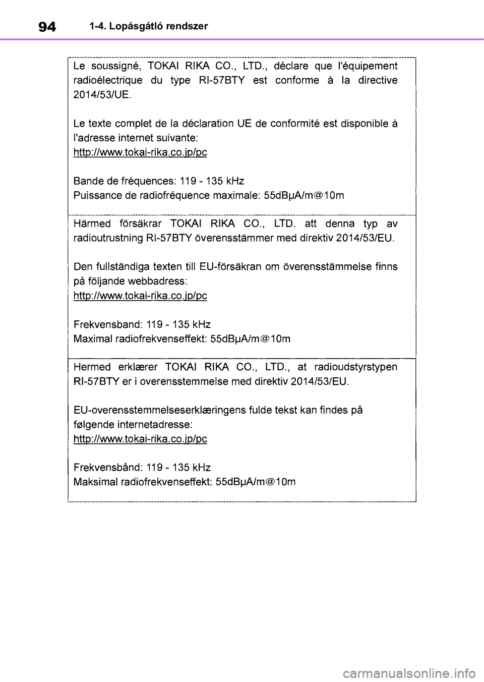 TOYOTA COROLLA HATCHBACK 2019  Kezelési útmutató (in Hungarian) 941-4. Lopásgátló rendszer 