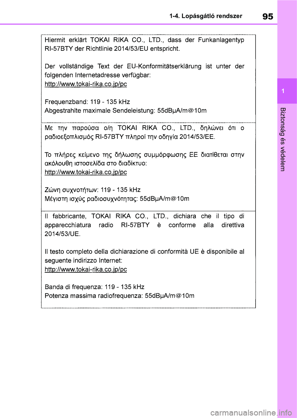 TOYOTA COROLLA HATCHBACK 2019  Kezelési útmutató (in Hungarian) 95
1
1-4. Lopásgátló rendszer
Biztonság és védelem 