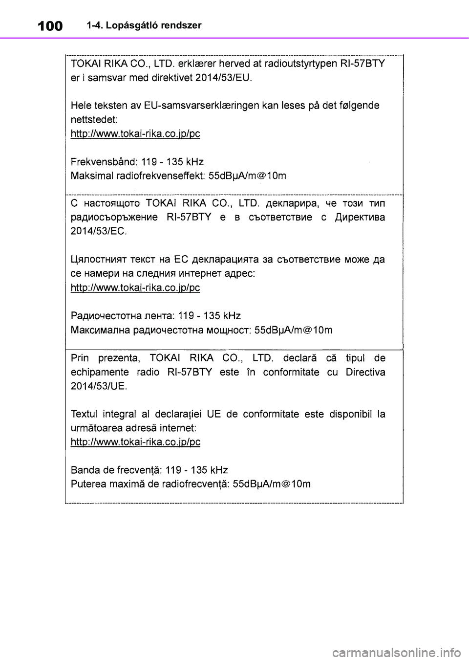 TOYOTA COROLLA HATCHBACK 2019  Kezelési útmutató (in Hungarian) 1001-4. Lopásgátló rendszer 