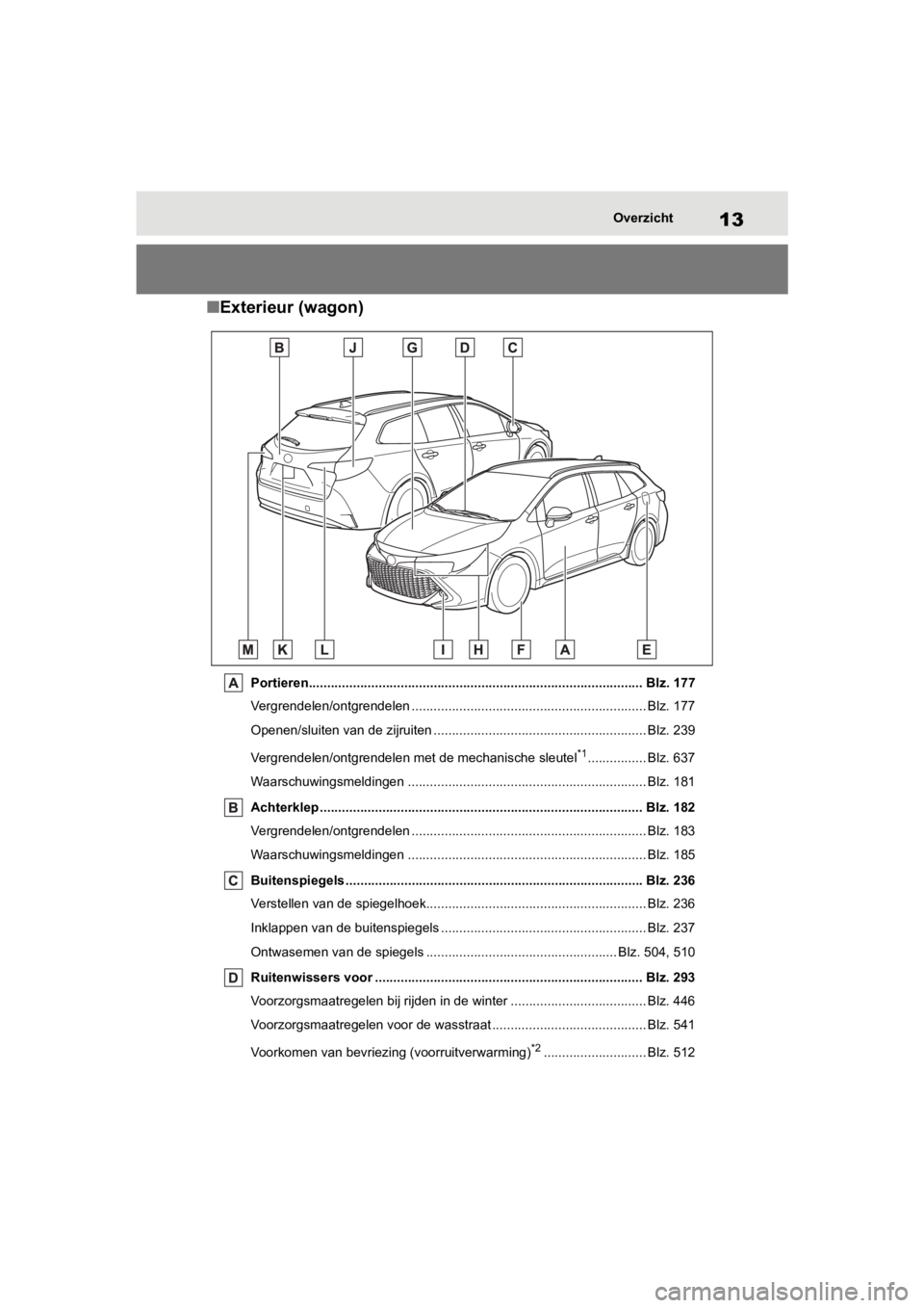 TOYOTA COROLLA HATCHBACK 2019 Instructieboekje (in Dutch) 13
COROLLA_TMUK_EEOverzicht
■
Exterieur (wagon)
Portieren........................................................................................... Blz. 177
Vergrendelen/ontgrendelen .............. TOYOTA COROLLA HATCHBACK 2019 Instructieboekje (in Dutch) 13
COROLLA_TMUK_EEOverzicht
■
Exterieur (wagon)
Portieren........................................................................................... Blz. 177
Vergrendelen/ontgrendelen ..............