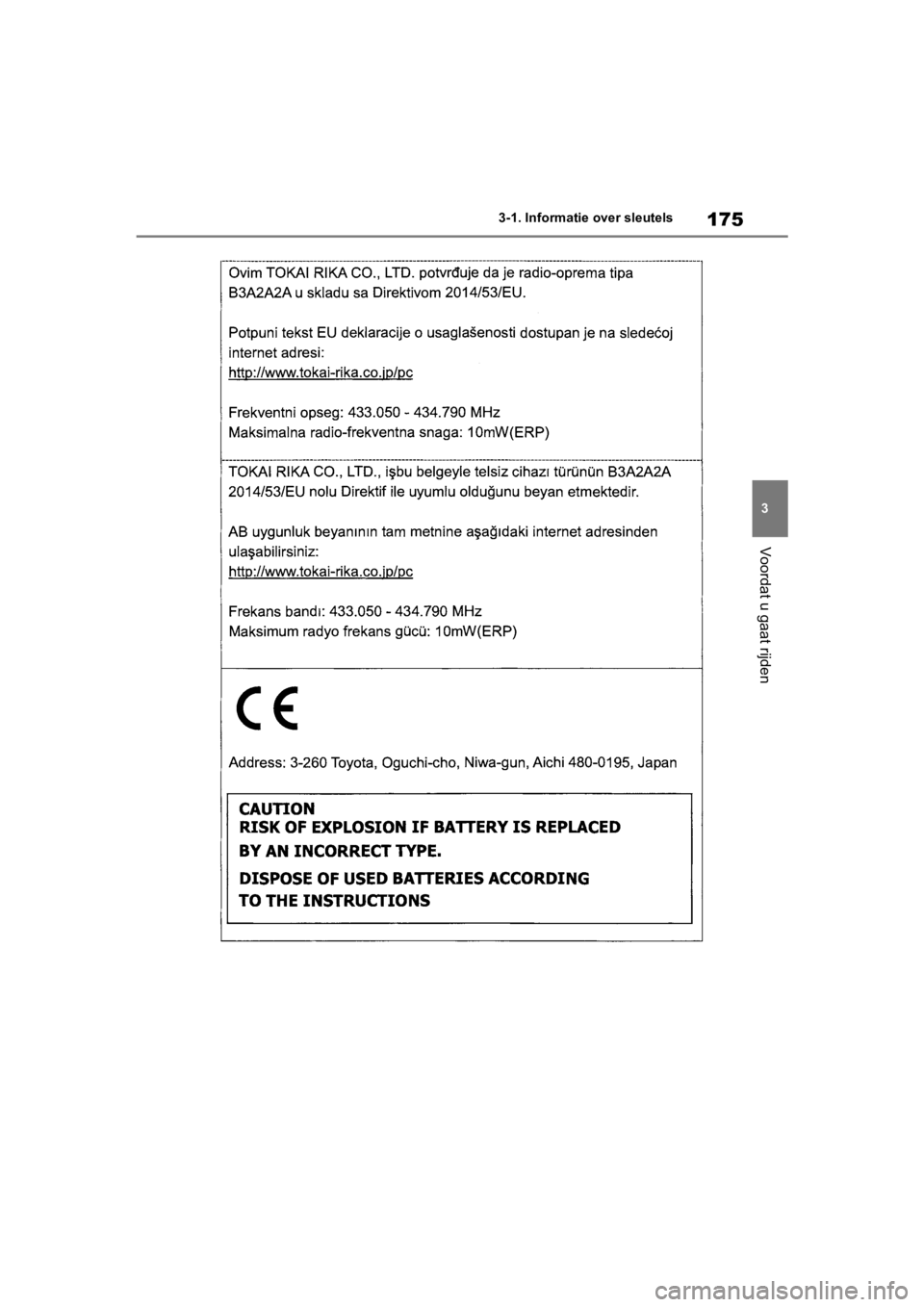TOYOTA COROLLA HATCHBACK 2019 Instructieboekje (in Dutch) 175
3
COROLLA_TMUK_EE 3-1. Informatie
over sleutels
Voordat u gaat rijden
COROLLA(TMUK)_OM_Europe_OM12L 25E.book Page 175 Thursday, November 8, 2018 10:31 AM TOYOTA COROLLA HATCHBACK 2019 Instructieboekje (in Dutch) 175
3
COROLLA_TMUK_EE 3-1. Informatie
over sleutels
Voordat u gaat rijden
COROLLA(TMUK)_OM_Europe_OM12L 25E.book Page 175 Thursday, November 8, 2018 10:31 AM