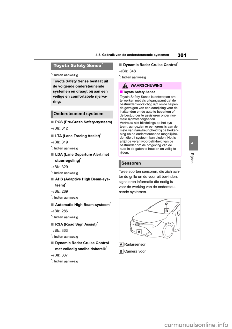 TOYOTA COROLLA HATCHBACK 2019 Instructieboekje (in Dutch) 301
4
COROLLA_TMUK_EE 4-5. Gebruik van de ondersteunende systemen
Rijden
4-5.Gebruik van de ondersteunende systemen
*: Indien aanwezig
■
PCS (Pre-Crash Safety-systeem)
→ Blz. 312
■ LTA (Lane Tra TOYOTA COROLLA HATCHBACK 2019 Instructieboekje (in Dutch) 301
4
COROLLA_TMUK_EE 4-5. Gebruik van de ondersteunende systemen
Rijden
4-5.Gebruik van de ondersteunende systemen
*: Indien aanwezig
■
PCS (Pre-Crash Safety-systeem)
→ Blz. 312
■ LTA (Lane Tra