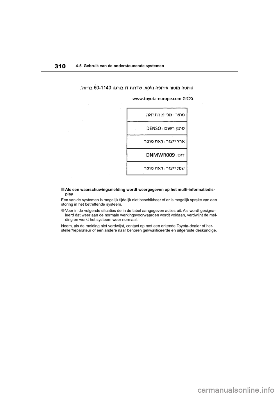 TOYOTA COROLLA HATCHBACK 2019 Instructieboekje (in Dutch) 310
COROLLA_TMUK_EE4-5. Gebruik van de ond
ersteunende systemen
■Als een waarschuwingsmelding wordt weergegeven op het multi-inf ormatiedis-
play
Een van de systemen is mogelijk tijdelijk niet besch TOYOTA COROLLA HATCHBACK 2019 Instructieboekje (in Dutch) 310
COROLLA_TMUK_EE4-5. Gebruik van de ond
ersteunende systemen
■Als een waarschuwingsmelding wordt weergegeven op het multi-inf ormatiedis-
play
Een van de systemen is mogelijk tijdelijk niet besch