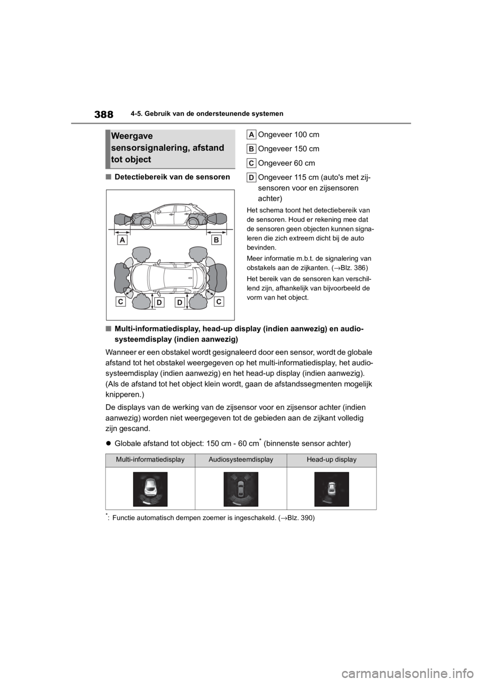 TOYOTA COROLLA HATCHBACK 2019 Instructieboekje (in Dutch) 388
COROLLA_TMUK_EE4-5. Gebruik van de ond
ersteunende systemen
■Detectiebereik van de sensoren Ongeveer 100 cm
Ongeveer 150 cm
Ongeveer 60 cm
Ongeveer 115 cm (auto's met zij-
sensoren voor en z TOYOTA COROLLA HATCHBACK 2019 Instructieboekje (in Dutch) 388
COROLLA_TMUK_EE4-5. Gebruik van de ond
ersteunende systemen
■Detectiebereik van de sensoren Ongeveer 100 cm
Ongeveer 150 cm
Ongeveer 60 cm
Ongeveer 115 cm (auto's met zij-
sensoren voor en z