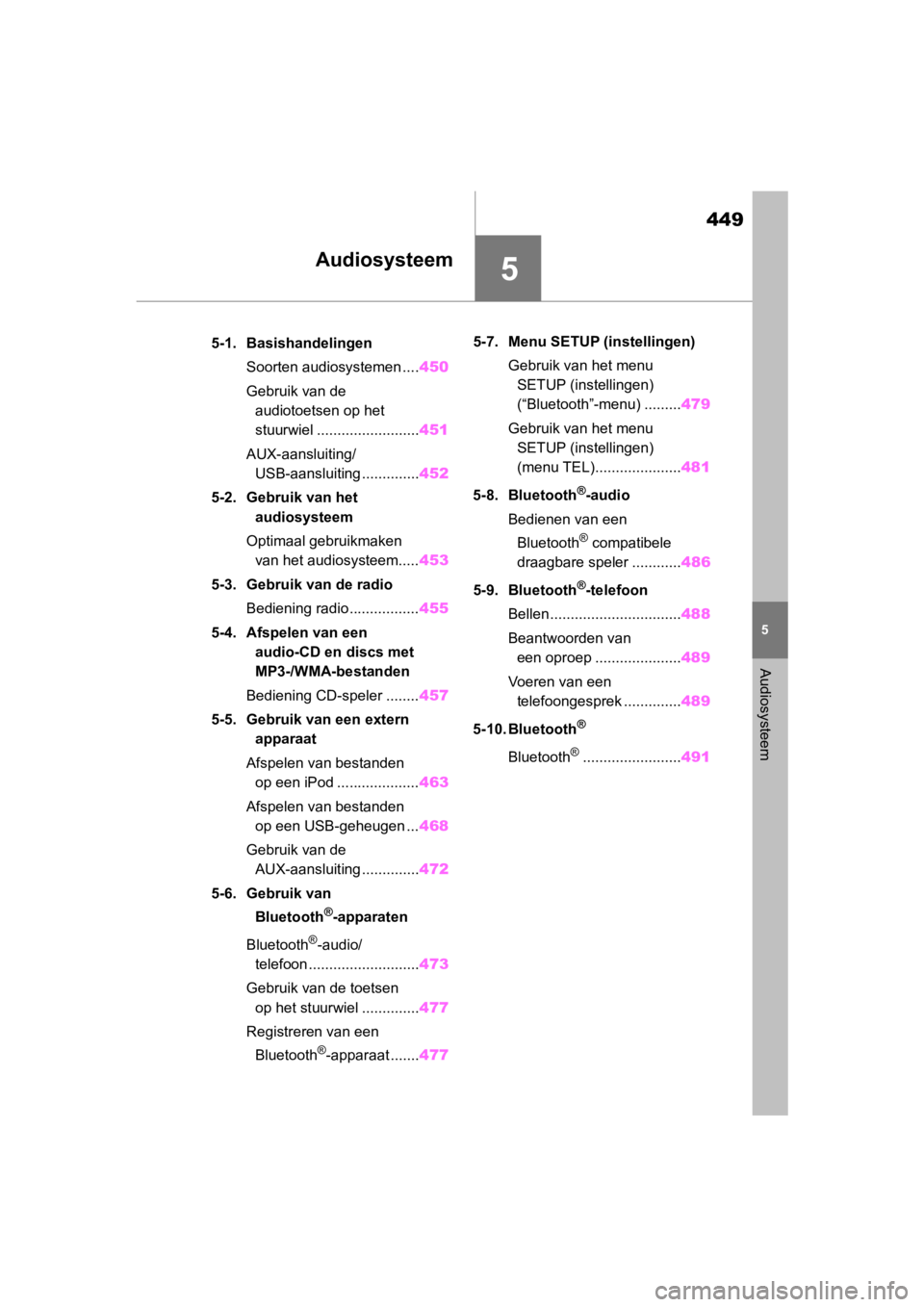 TOYOTA COROLLA HATCHBACK 2019  Instructieboekje (in Dutch) 5
449
COROLLA_TMUK_EE
5
Audiosysteem
Audiosysteem
.5-1. BasishandelingenSoorten audiosystemen .... 450
Gebruik van de  audiotoetsen op het 
stuurwiel ......................... 451
AUX-aansluiting/ USB