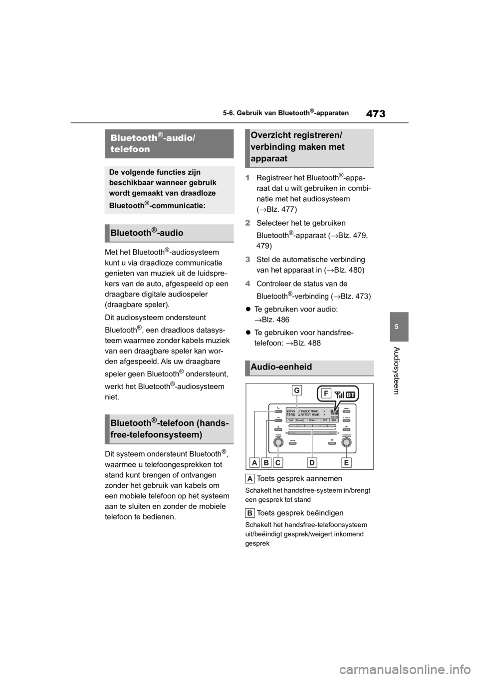 TOYOTA COROLLA HATCHBACK 2019  Instructieboekje (in Dutch) 473
5
COROLLA_TMUK_EE 5-6. Gebruik van Bluetooth
®-apparaten
Audiosysteem
5-6.Gebruik van Bluetooth®-apparaten
Met het Bluetooth®-audiosysteem 
kunt u via draadloze communicatie 
genieten van muzie