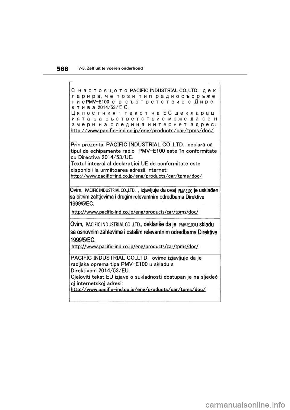TOYOTA COROLLA HATCHBACK 2019 Instructieboekje (in Dutch) 568
COROLLA_TMUK_EE7-3. Zelf uit te voeren onderhoud
COROLLA(TMUK)_OM_Europe_OM12L
25E.book Page 568 Thursday, November 8, 2018 10:31 AM TOYOTA COROLLA HATCHBACK 2019 Instructieboekje (in Dutch) 568
COROLLA_TMUK_EE7-3. Zelf uit te voeren onderhoud
COROLLA(TMUK)_OM_Europe_OM12L
25E.book Page 568 Thursday, November 8, 2018 10:31 AM